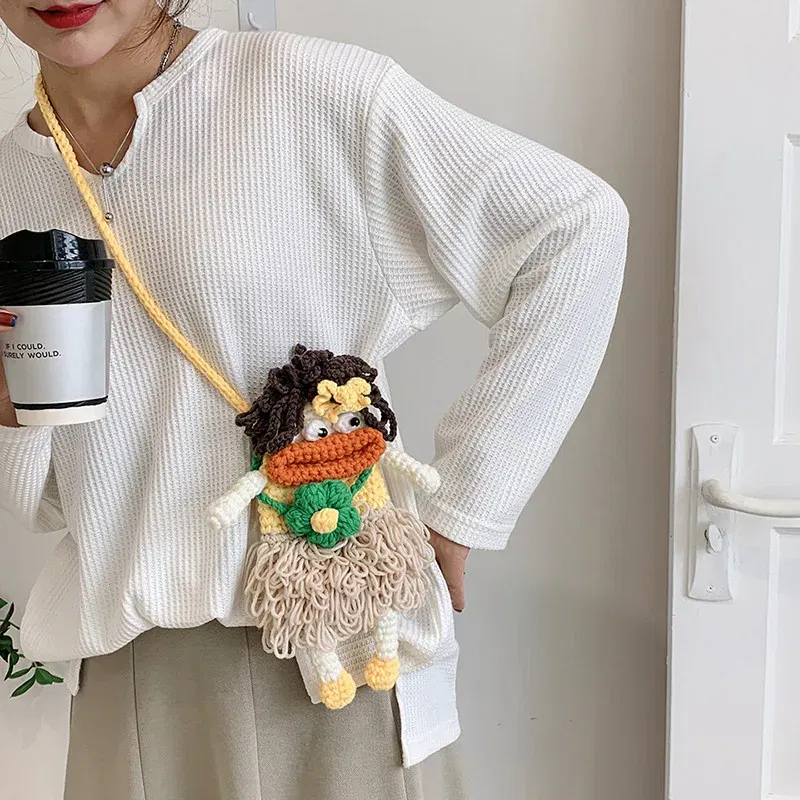 Color: Khaki - New hand-woven cute mobile phone bag fashion wool messenger bag personality crochet key bag wool women's bag