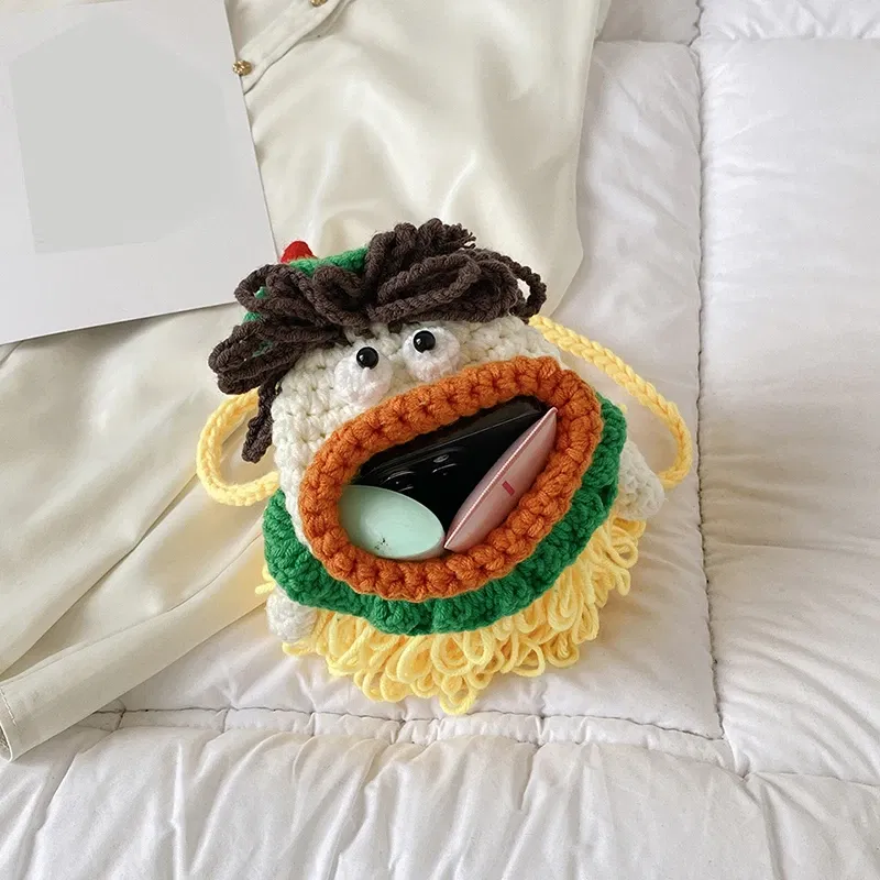 Color: Khaki - New hand-woven cute mobile phone bag fashion wool messenger bag personality crochet key bag wool women's bag