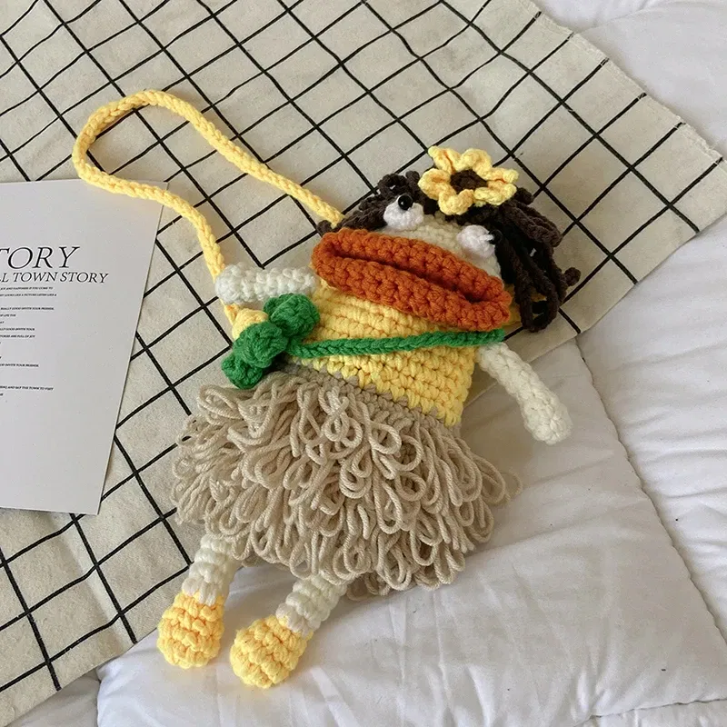 Color: Khaki - New hand-woven cute mobile phone bag fashion wool messenger bag personality crochet key bag wool women's bag