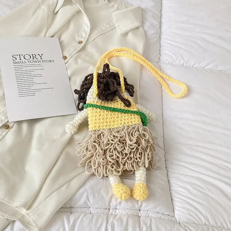 Color: Khaki - New hand-woven cute mobile phone bag fashion wool messenger bag personality crochet key bag wool women's bag