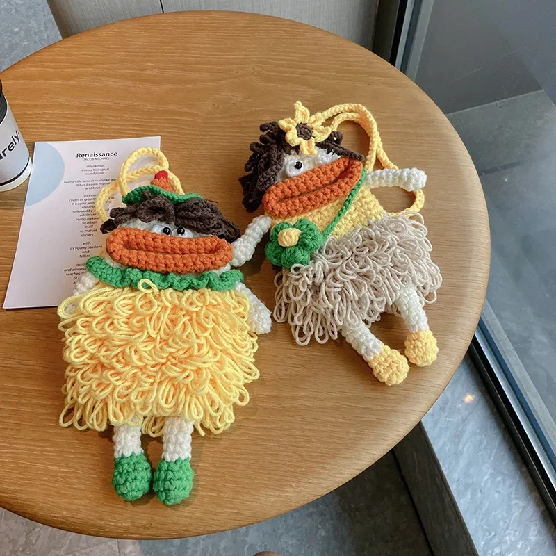 Color: Khaki - New hand-woven cute mobile phone bag fashion wool messenger bag personality crochet key bag wool women's bag