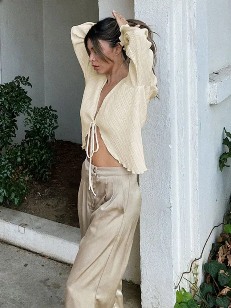 Color: Beige, Size: L - 2025 Women Pleated Plain Shirts Spring Fall Chic Long Flare Sleeve V- Neck Tie Up Cardigans Tops for Casual Party Street