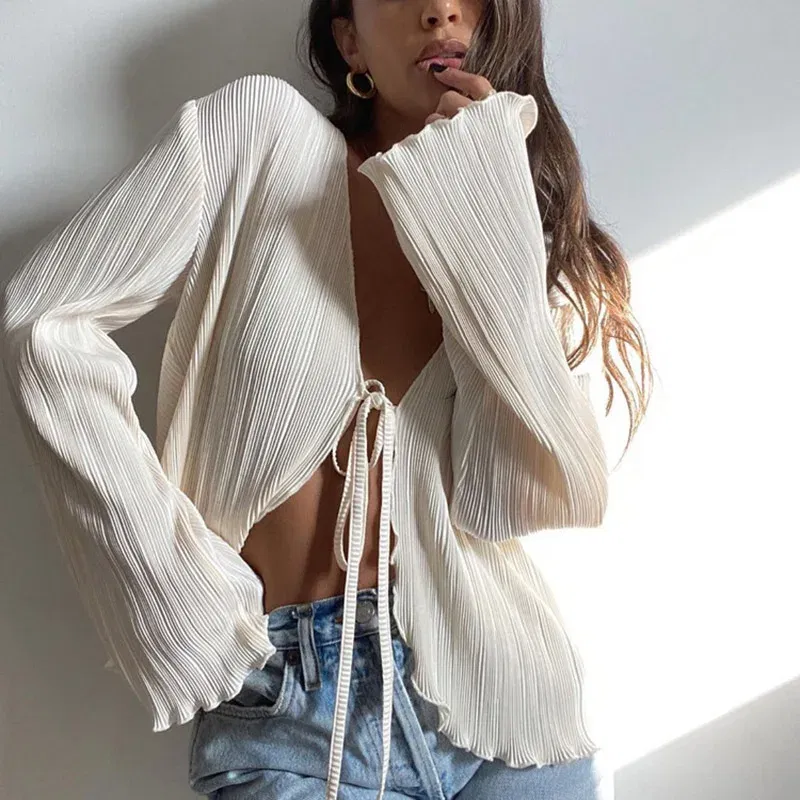 Color: Beige, Size: L - 2025 Women Pleated Plain Shirts Spring Fall Chic Long Flare Sleeve V- Neck Tie Up Cardigans Tops for Casual Party Street