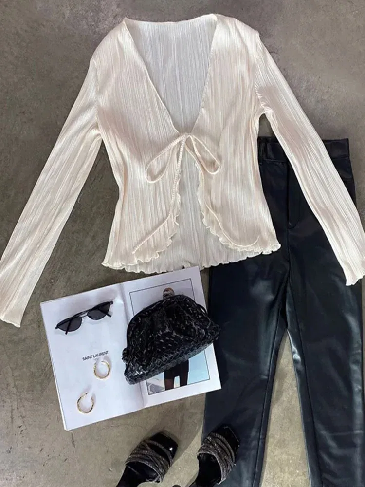 Color: Beige, Size: L - 2025 Women Pleated Plain Shirts Spring Fall Chic Long Flare Sleeve V- Neck Tie Up Cardigans Tops for Casual Party Street
