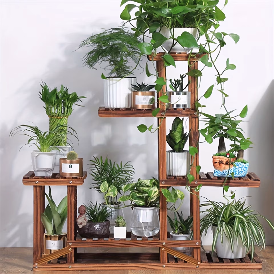 wisfor 6-Tier Pine Wood Planter Stand – Indoor/Outdoor Flower Display Rack with Drainage Holes