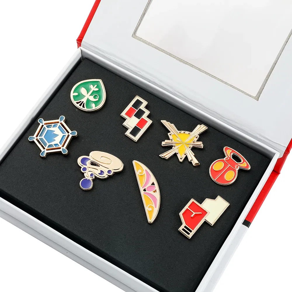 Metal color: Rhodium Plated - Pokemon Gym Badges Kanto Johto Hoenn Sinnoh Unova Kalos League Region Orange Islands Pins Brooches Box Set Pocket Monster