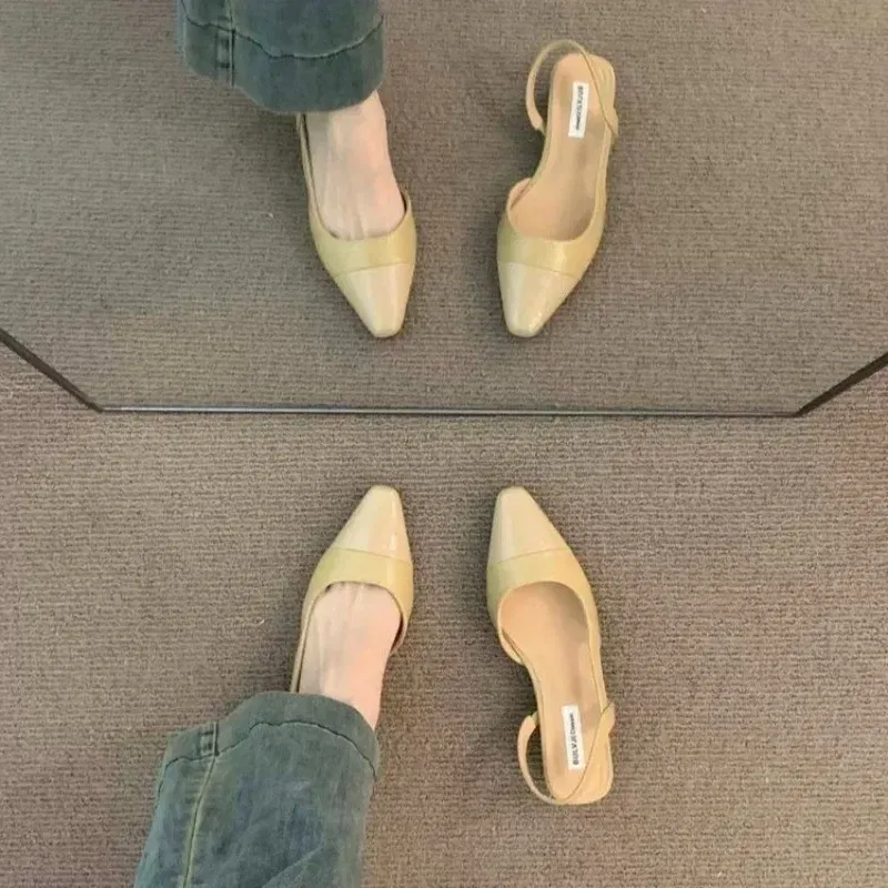 Color: WHITE, Shoe Size: 37 - 24Low Heel Baotou Sandals Women's French Nude Color Pointed Small Fragrant Style Ladies Thick Heels Back Air Style Single Shoes