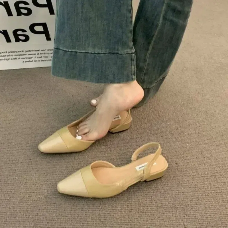 Color: WHITE, Shoe Size: 37 - 24Low Heel Baotou Sandals Women's French Nude Color Pointed Small Fragrant Style Ladies Thick Heels Back Air Style Single Shoes