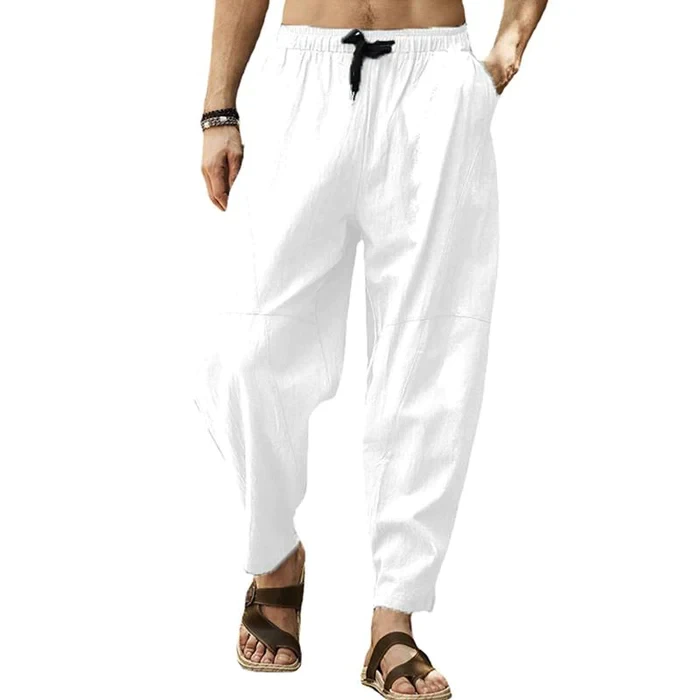 Men's Loose Cotton Linen Solid Color Drawstring Pants