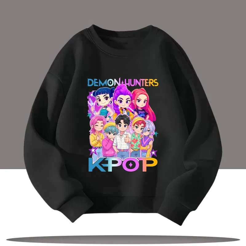 Color: army green, Kid Size: 4 - K-pop Demon Hunters Cartoon Print 3-12 Year Old New Style Kids Round-neck Sport Shirt Cute Girl Casual Top Children's Clothing