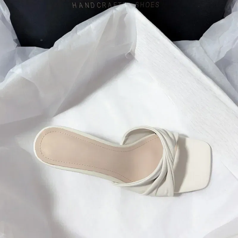 Color: Beige, Shoe Size: 41 - Fashion Summer Women Shoes New Handmade Square Open Toe High Heels Outdoor Fashion Slippers Apricot Off White