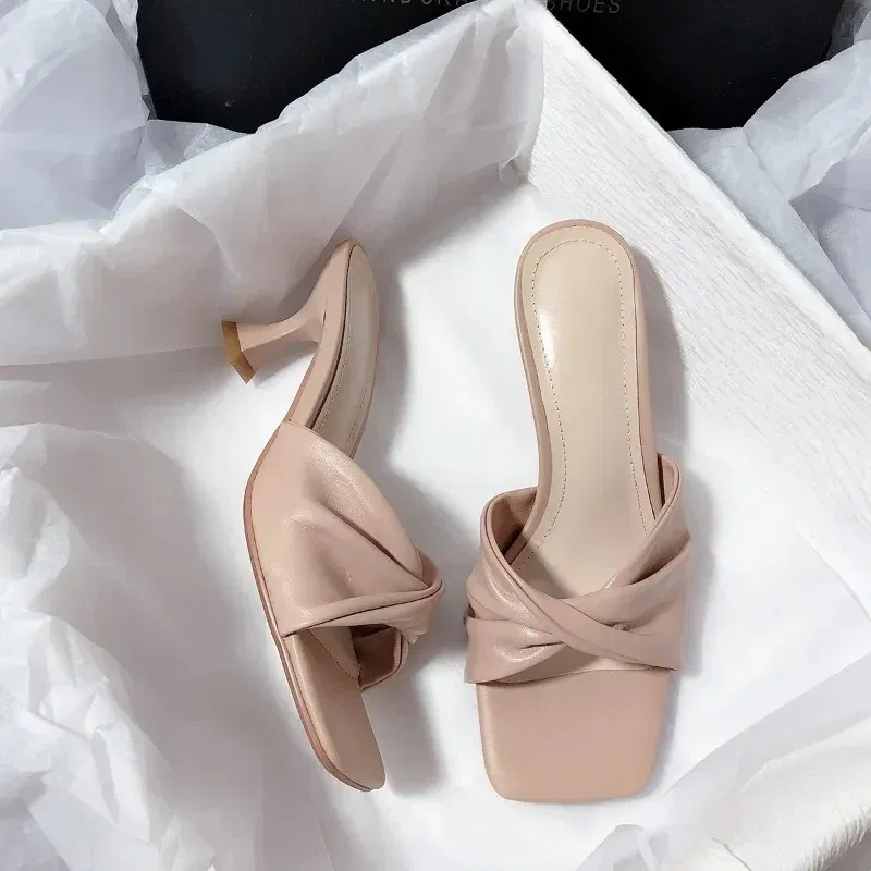 Color: Beige, Shoe Size: 41 - Fashion Summer Women Shoes New Handmade Square Open Toe High Heels Outdoor Fashion Slippers Apricot Off White