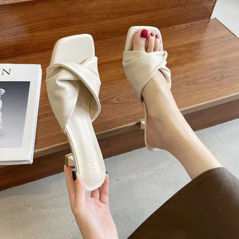 Color: Beige, Shoe Size: 41 - Fashion Summer Women Shoes New Handmade Square Open Toe High Heels Outdoor Fashion Slippers Apricot Off White