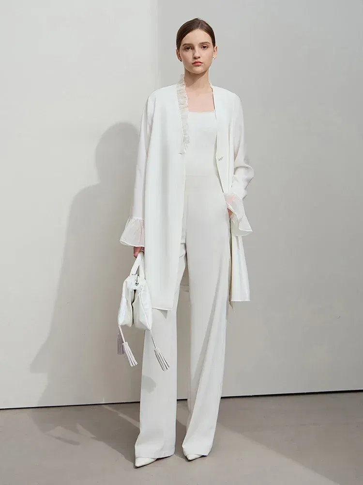 AMII Minimalist Chiffon Dress Women 2025 Spring New French Commuter Asymmetric Ruffle V-neck Slim Flower Button Skirt 12511079