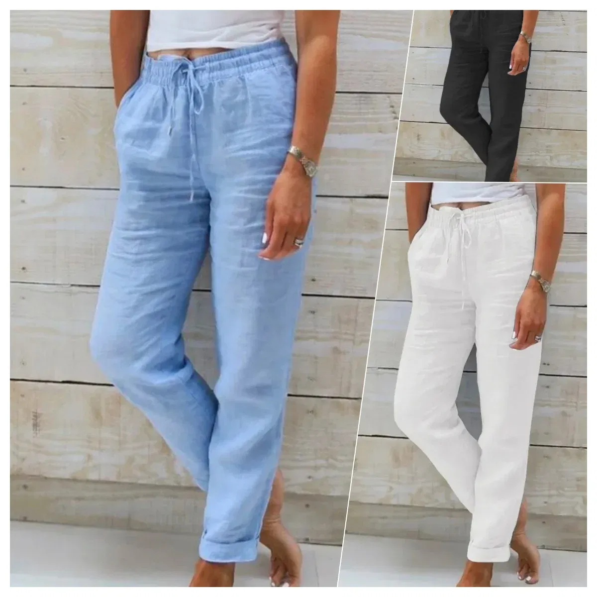 Color: Blue, Size: XXL - Cotton Linen Summer Pants for Women High Waist Elastic Casual Trousers Streetwear Solid Female Clothes 2024 Loose Pencil Pants