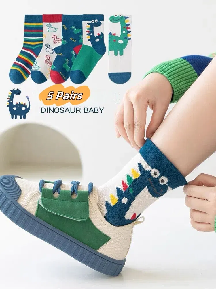 Color: black, Size: 2-3T - Children's Socks Autumn Boys Cartoon Dinosaur Socks 1-14T Kids Cotton Socks Student Sporty Socks 5 Pairs