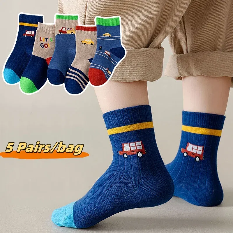 Color: black, Size: 2-3T - Children's Socks Autumn Boys Cartoon Dinosaur Socks 1-14T Kids Cotton Socks Student Sporty Socks 5 Pairs