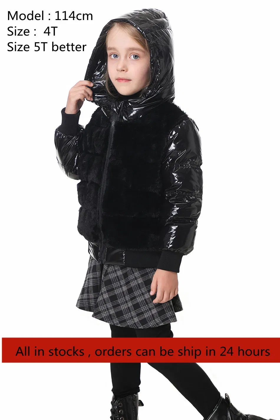 Color: black, Kid Size: 18M - Fashion joining design winter coats filling white duck down warm jackets soft fur fabric and glossy black waterproof coats