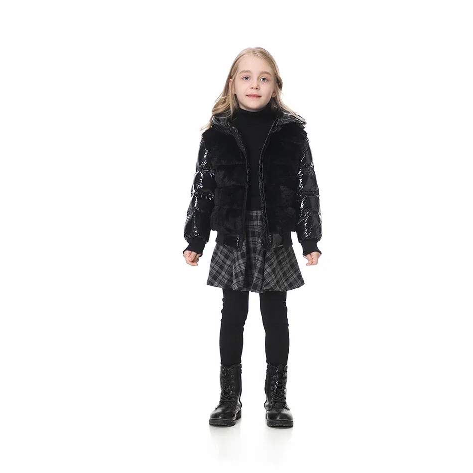 Color: black, Kid Size: 18M - Fashion joining design winter coats filling white duck down warm jackets soft fur fabric and glossy black waterproof coats