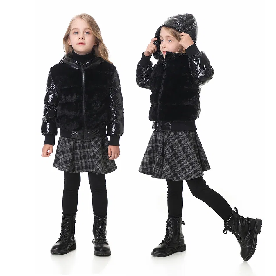 Color: black, Kid Size: 18M - Fashion joining design winter coats filling white duck down warm jackets soft fur fabric and glossy black waterproof coats