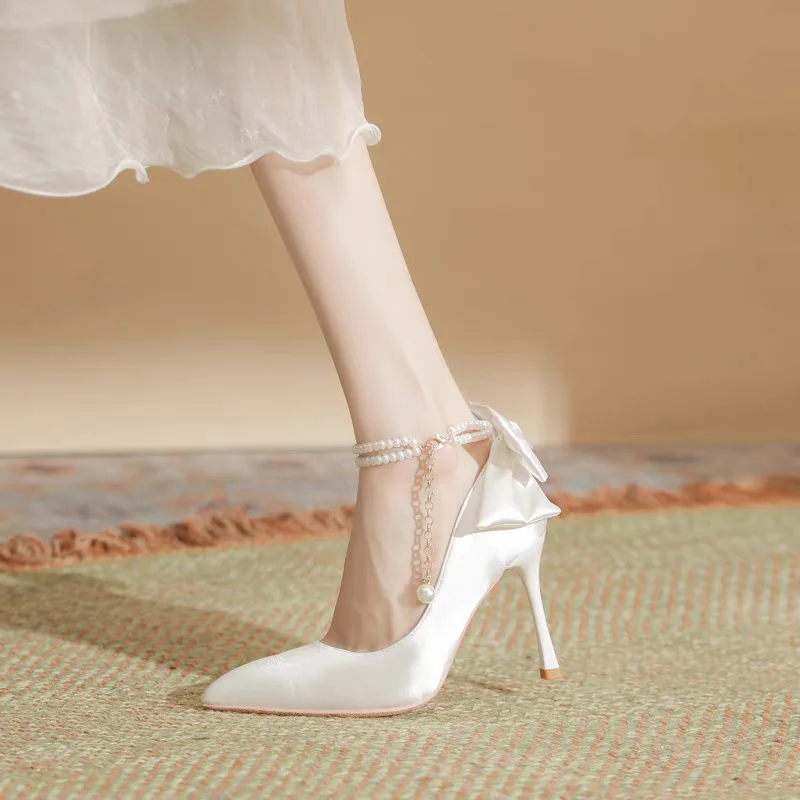 Color: Beige, Shoe Size: 38 - Size 35-40 Stiletto Heel Point Toe Pearls Buckle Belt 9cm High Heel Ladies Bow Satin Fabric White Wedding Shoes Women Pumps