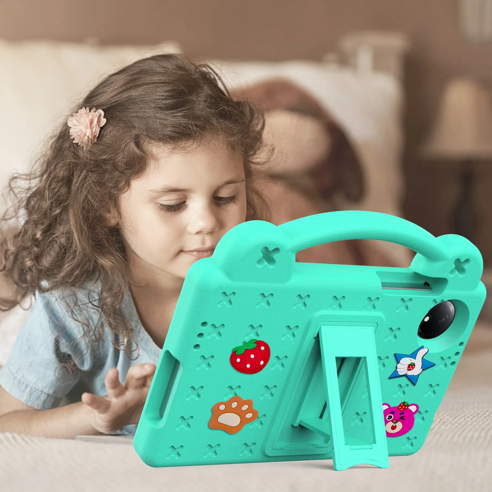 Color: Misty Gray, Size: eleven - Kids EVA Handle Case for Xiaomi Redmi Pad SE 8.7 inch 2024 Shockproof Protective Cute Strawberry Bear Tablet Cover 8.7"