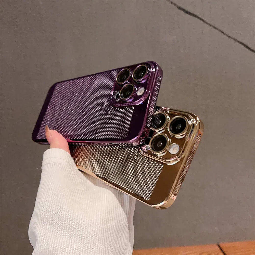 Color: Pink, Material: PE - Luxury Plating Hollowed Out Case for iPhone 12 13 Mini 11 14 Pro Max X XR Xs Max 7 8 Plus Heat Dissipation Shockproof Lens Cover