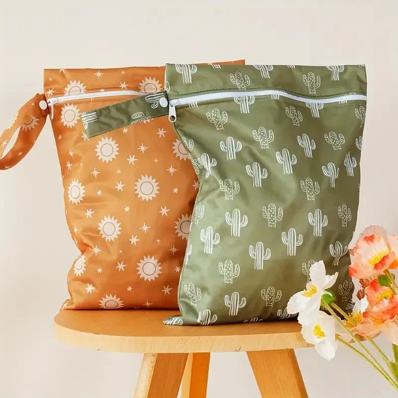 Color: Brown - HappyFlute 2PCS 26*36CM Reusable Wet Dry Bag Waterproof Leak-Proof Quick-Drying For Nappy Changing Eco-Friendly Travel Wetbag