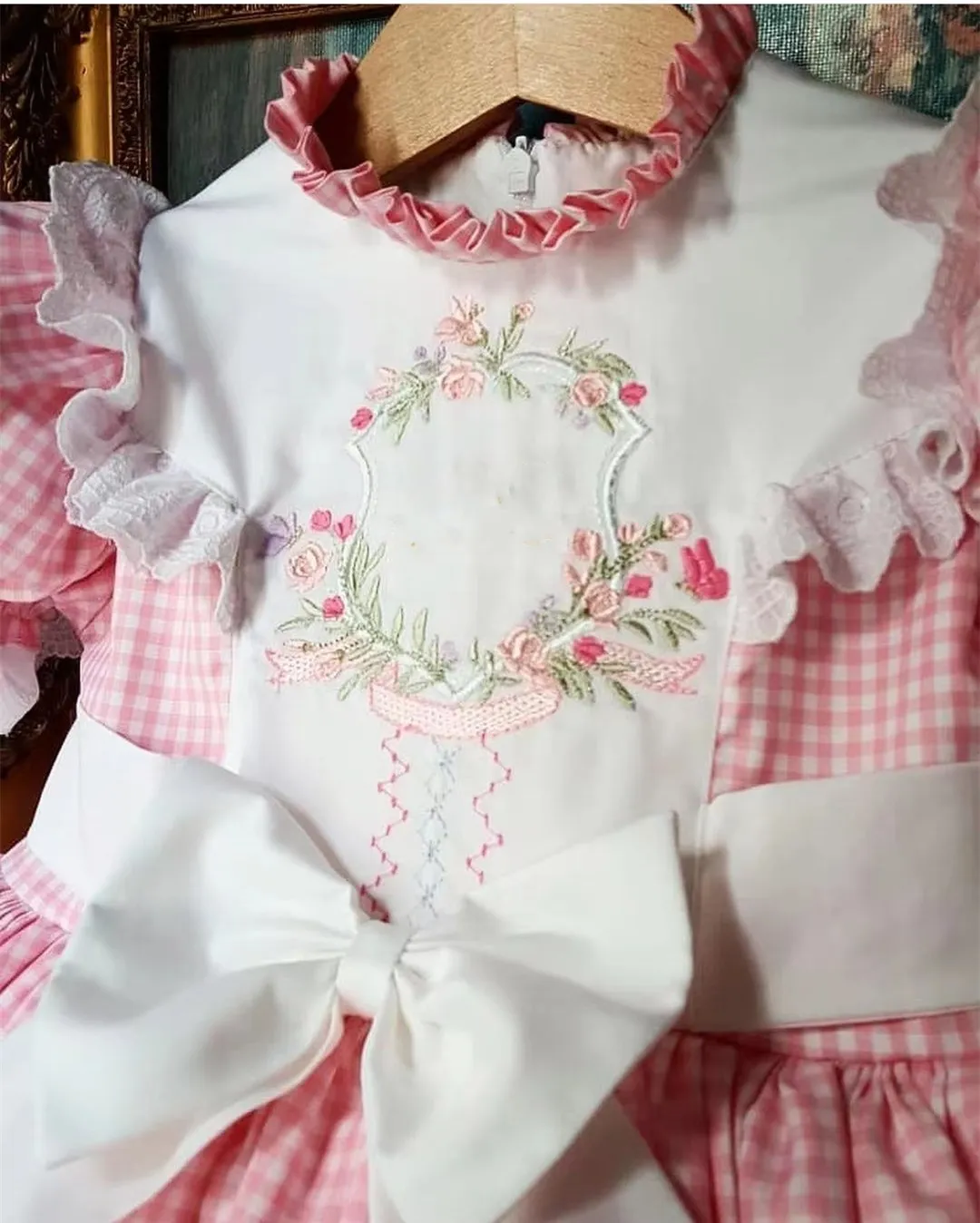 Color: Beige, Kid Size: 2T - Baby Summer Pink Plaid Flower Embroidery Turkish Princess Dress for Birthday Wedding Baptism Holiday Casual  B138