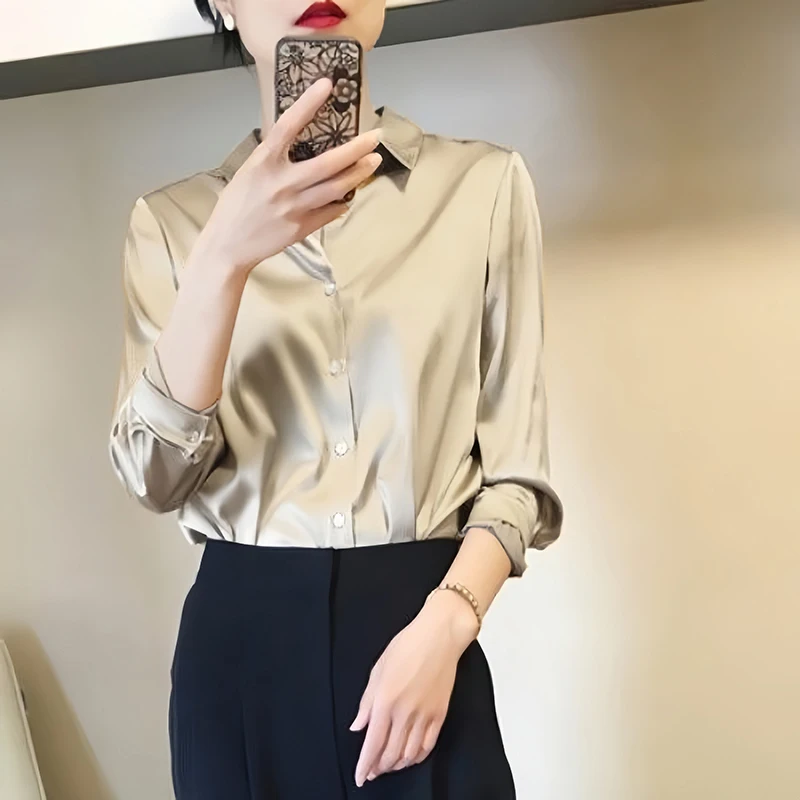Color: Khaki, Size: M - All-match Satin Finish Shirts And Blouses Women Clothing Casual Top OL Long Sleeve Button Elegant Shirts French Solid Blouses