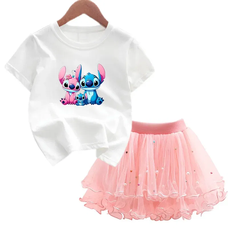 Color: Orange, Kid Size: 2T - 2pcs Lilo Stitch Summer Girls Outfits Cartoon T-shirt and Tutu Skirt Princess Clothes Suit Children Birthday Clothing Sets