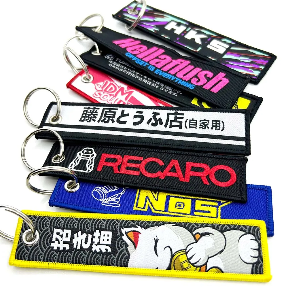 Color Name: Pink - JDM HKS Keychain Embroidered Woven Personality Fashion Cloth ADVAN Key Chain Car Motorcycle Key Rings Key Holder Pendant Nos