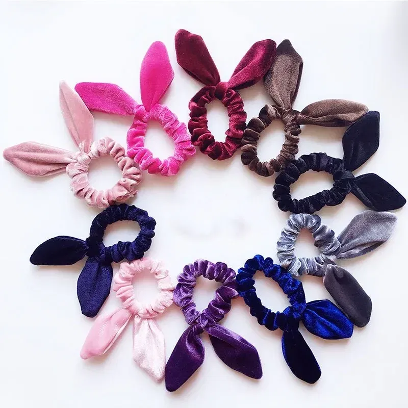 Color: Blue - New Velvet Scrunchies Girls/Women velvet Bunny Ear Knot Bow Hair Bands Rabbit Ear Hair tie Ponytail Hair Accessories