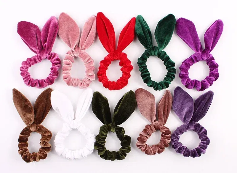 Color: Blue - New Velvet Scrunchies Girls/Women velvet Bunny Ear Knot Bow Hair Bands Rabbit Ear Hair tie Ponytail Hair Accessories