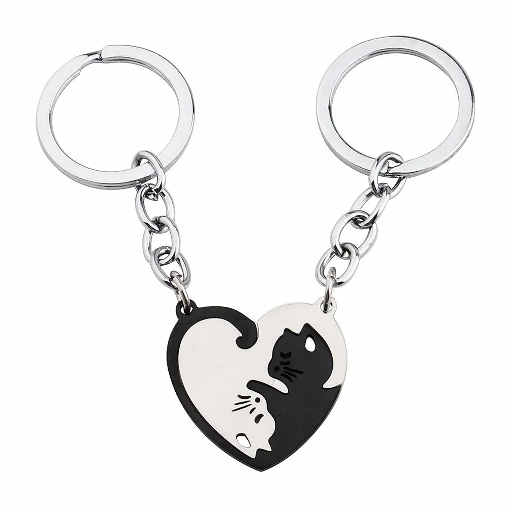 Color: WHITE - Heart-shaped Patchwork Love Cat Keychain Pendant Couple Key Chain Pendant Jewelry European and American Stainless Steel Keychain