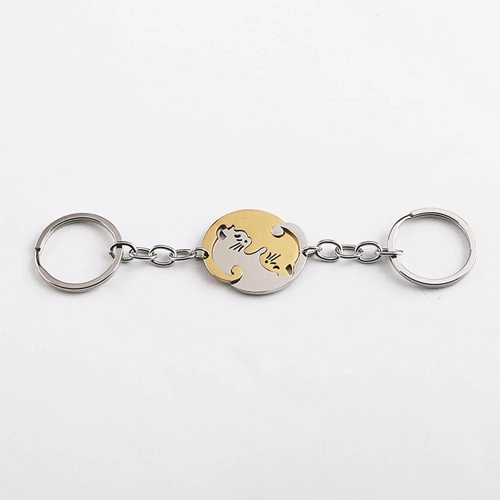 Color: WHITE - Heart-shaped Patchwork Love Cat Keychain Pendant Couple Key Chain Pendant Jewelry European and American Stainless Steel Keychain