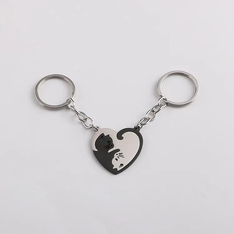 Color: WHITE - Heart-shaped Patchwork Love Cat Keychain Pendant Couple Key Chain Pendant Jewelry European and American Stainless Steel Keychain