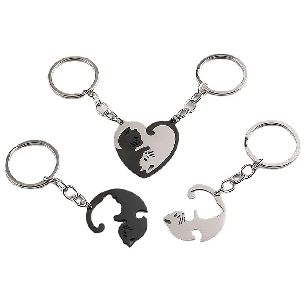 Color: WHITE - Heart-shaped Patchwork Love Cat Keychain Pendant Couple Key Chain Pendant Jewelry European and American Stainless Steel Keychain