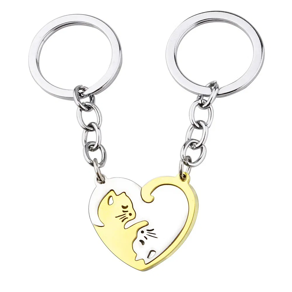 Color: WHITE - Heart-shaped Patchwork Love Cat Keychain Pendant Couple Key Chain Pendant Jewelry European and American Stainless Steel Keychain