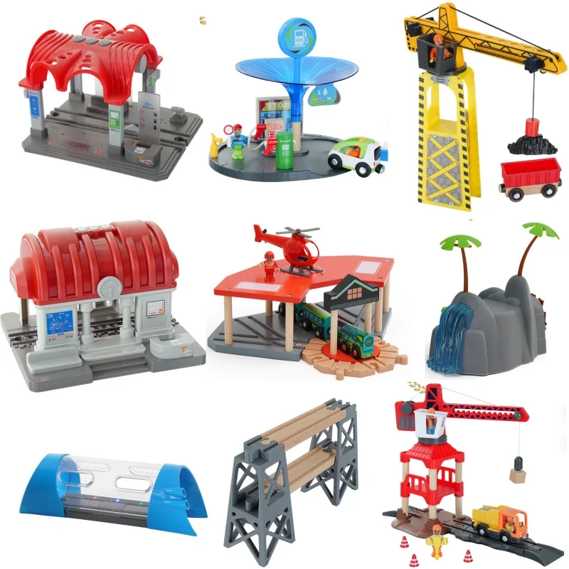 Color: WHITE - Wooden Train Tracks Railway Toys Set Parking lot apron fire station gas station rotary crane Overpass Model for Kids Toys Gifts