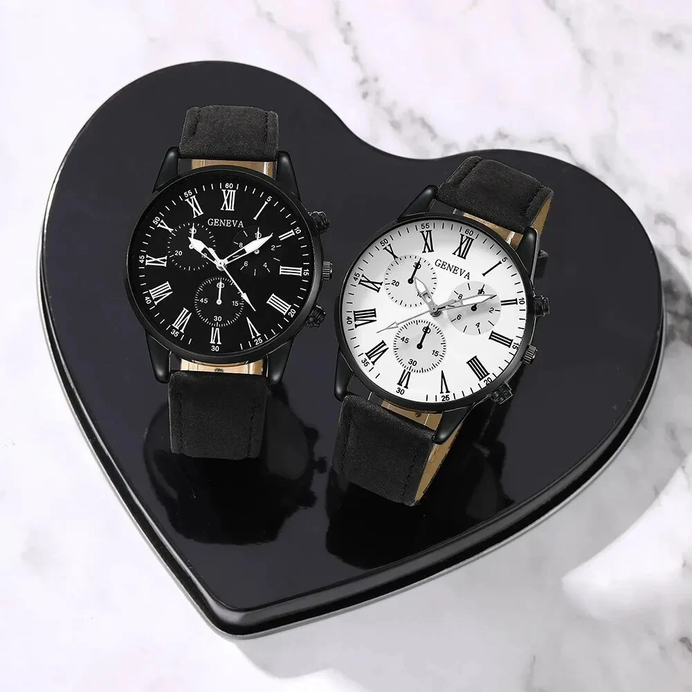 Color: Coffee - 2PCS Set Couple Fashion Casual Leather Watches Ladies Simple Dial Quartz Wristwatches Dress Clock Montre Femme