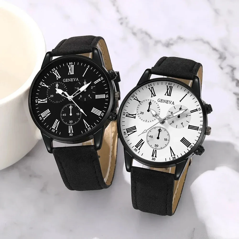 Color: Coffee - 2PCS Set Couple Fashion Casual Leather Watches Ladies Simple Dial Quartz Wristwatches Dress Clock Montre Femme