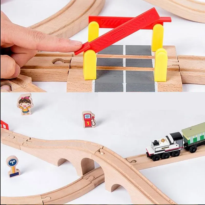 Color: Gold - Wooden Bridge Tunnel Urban Rail Overpass Traffic Car Toy Scene Combined Train Rail Track Wooden Accessories Beech Turntable DIY