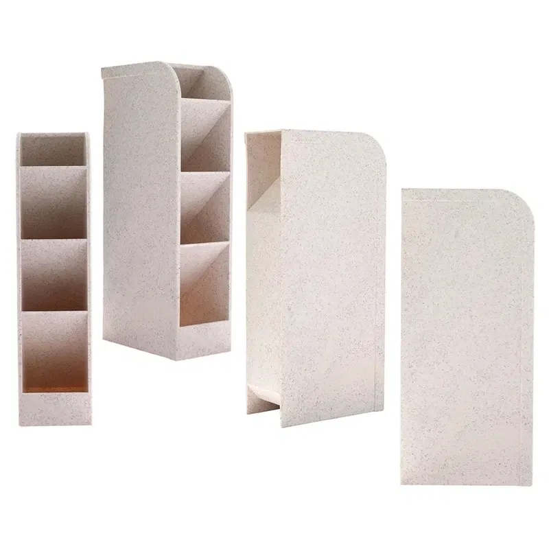 Color: Dark Grey - Multi-function 4 Grid Desktop Pen Holder Office School supplies Storage Case eco-friendly wheat straw Desk Pencil Organizer