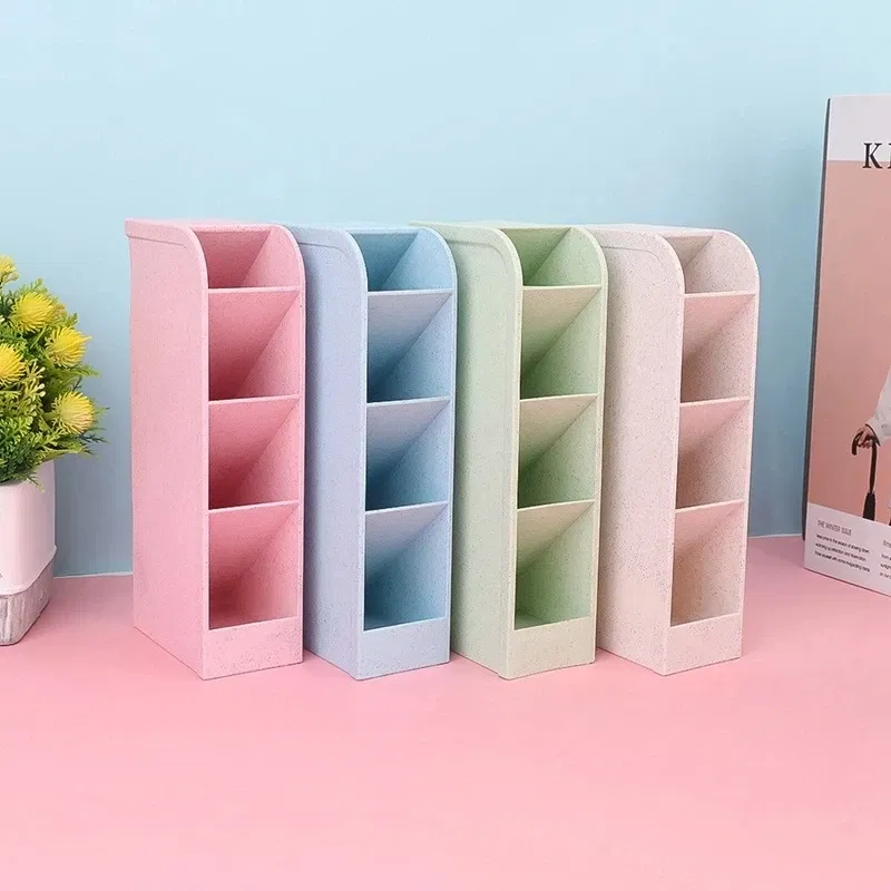 Color: Dark Grey - Multi-function 4 Grid Desktop Pen Holder Office School supplies Storage Case eco-friendly wheat straw Desk Pencil Organizer