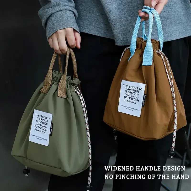 Color: black - Large Capacity Waterproof Lunch Bag with Drawstring Closure Thick Insulation Cooler Bento Bag for Picnic Work Student Handle Bag