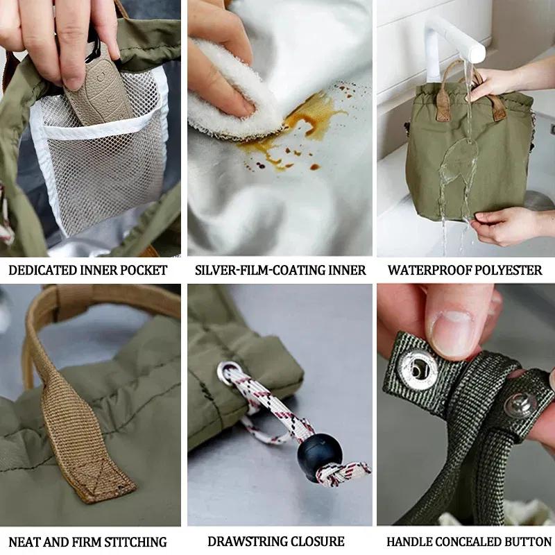 Color: black - Large Capacity Waterproof Lunch Bag with Drawstring Closure Thick Insulation Cooler Bento Bag for Picnic Work Student Handle Bag