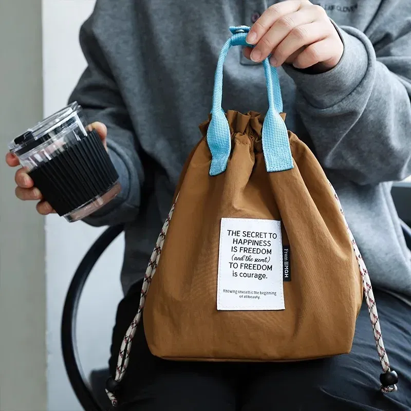 Color: black - Large Capacity Waterproof Lunch Bag with Drawstring Closure Thick Insulation Cooler Bento Bag for Picnic Work Student Handle Bag