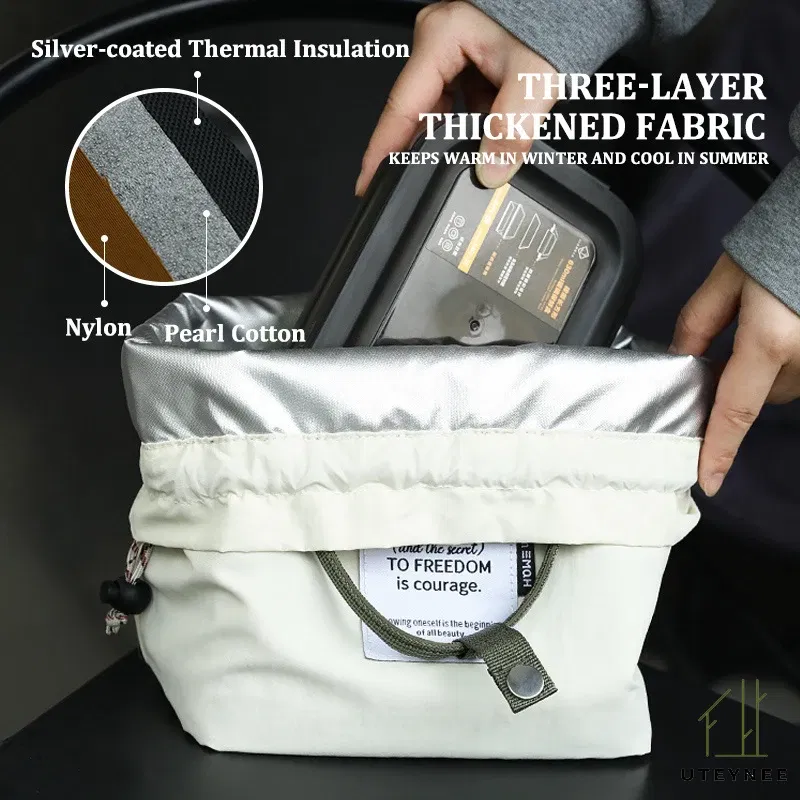 Color: black - Large Capacity Waterproof Lunch Bag with Drawstring Closure Thick Insulation Cooler Bento Bag for Picnic Work Student Handle Bag