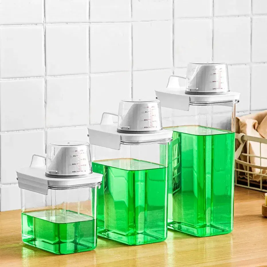 Color: Clear - Portable Washing Powder Dispenser with Measuring Cup - Airtight Laundry Liquid Storage Jar for Convenient and Efficient Laundry